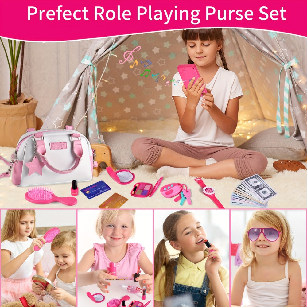 Pink Princess Play Purse Set for Girls – Pretend Makeup Handbag with Phone, Lipstick, Keys & Crossbody Bag, Safe No-Mess Toy, Birthday Christmas Gift for Girls Ages 3+