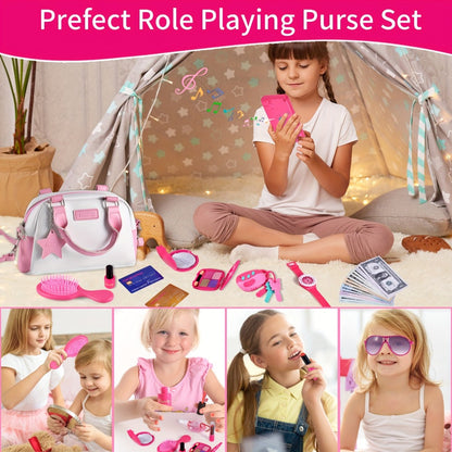Pink Princess Play Purse Set for Girls – Pretend Makeup Handbag with Phone, Lipstick, Keys & Crossbody Bag, Safe No-Mess Toy, Birthday Christmas Gift for Girls Ages 3+