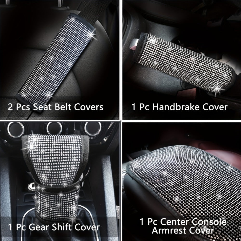 Bling Car Interior Accessories Set for Women 30-Piece – Steering Wheel Cover Universal 15 Inch, Seat Belt Covers, Armrest Cover & Gear Shift Cover, Woven Glitter Car Décor Kit