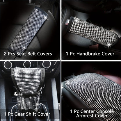 Bling Car Interior Accessories Set for Women 30-Piece – Steering Wheel Cover Universal 15 Inch, Seat Belt Covers, Armrest Cover & Gear Shift Cover, Woven Glitter Car Décor Kit