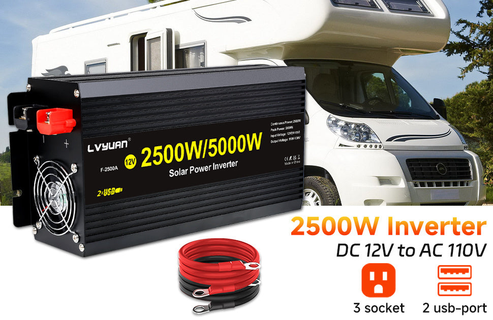 2500W Power Inverter 5000W (Peak) 12V to 110V DC to AC with LCD Display, Remote Controller 4 x AC Outlets and 4 x 3.1A USB Car Adapter for Car Truck Boat RV Solar System