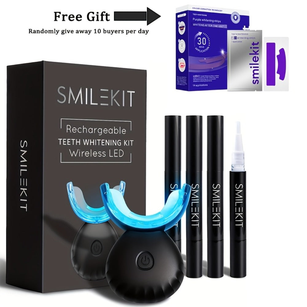 Blue Light Teeth Whitening Kit with 16-Point LED Accelerator, Wireless Whitening Device, 4 Gel Pens & Shade Guide, Natural Stain Removal for Coffee Wine Tobacco, Home Use