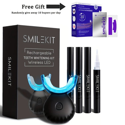 Blue Light Teeth Whitening Kit with 16-Point LED Accelerator, Wireless Whitening Device, 4 Gel Pens & Shade Guide, Natural Stain Removal for Coffee Wine Tobacco, Home Use