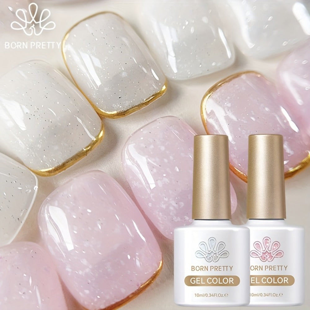 Snow Jelly Shimmer Gel Nail Polish 2pcs BORN PRETTY Semi-Permanent Soak-Off LED UV Gel Varnish Nude Pink White Glitter Long-Lasting Chip-Resistant Salon-Quality Manicure 0.34oz Each