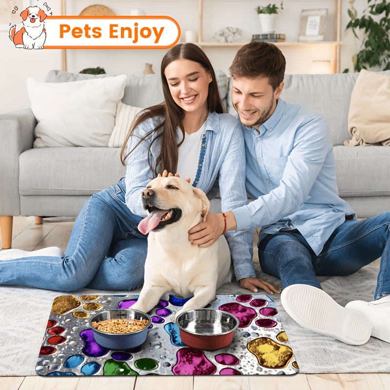 Pet Feeding Mat – Absorbent & Splash-Proof Dog & Cat Food Bowl Mat, Non-Slip Quick-Dry Heavy-Duty Floor Protector for Hardwood & Carpet, Colorful Paw Pattern, Ideal for Messy Eaters & Multi-Pet Homes | S M L XL