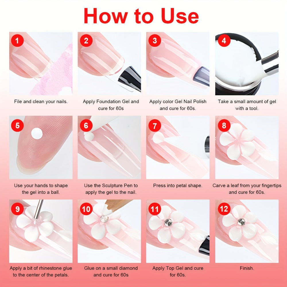Nail Sculpting Gel Kit 3D 4D 12 Colors with Carving Pen — Firm Non-Sticky Soak-Off Sculpture Gel for Flowers, Leaves, Geometric Designs & Nail Extensions | UV LED DIY & Salon Nail Art for Women