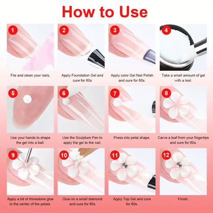 Nail Sculpting Gel Kit 3D 4D 12 Colors with Carving Pen — Firm Non-Sticky Soak-Off Sculpture Gel for Flowers, Leaves, Geometric Designs & Nail Extensions | UV LED DIY & Salon Nail Art for Women