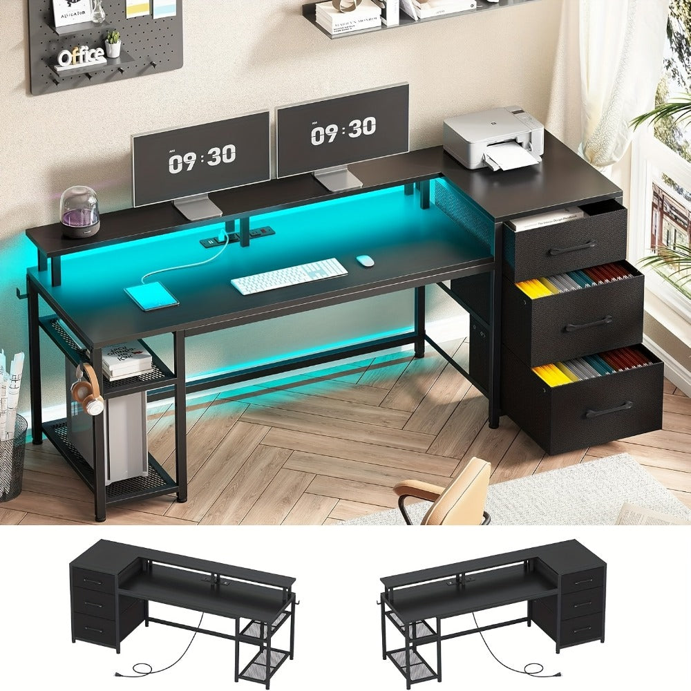 59-Inch Computer Desk with Charging Station and LED Lighting for Home Office detail image - detail view 3