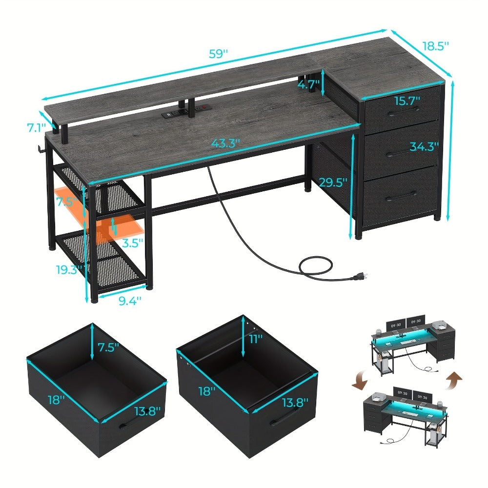 59-Inch Computer Desk with Charging Station and LED Lighting for Home Office detail image - detail view 4