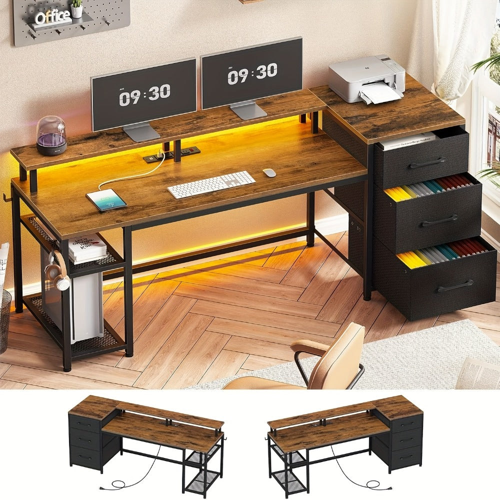 59-Inch Computer Desk with Charging Station and LED Lighting for Home Office detail image - detail view 5