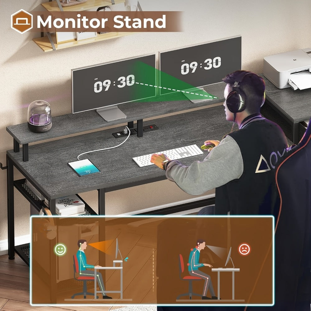 59-Inch Computer Desk with Charging Station and LED Lighting for Home Office detail image - detail view 9