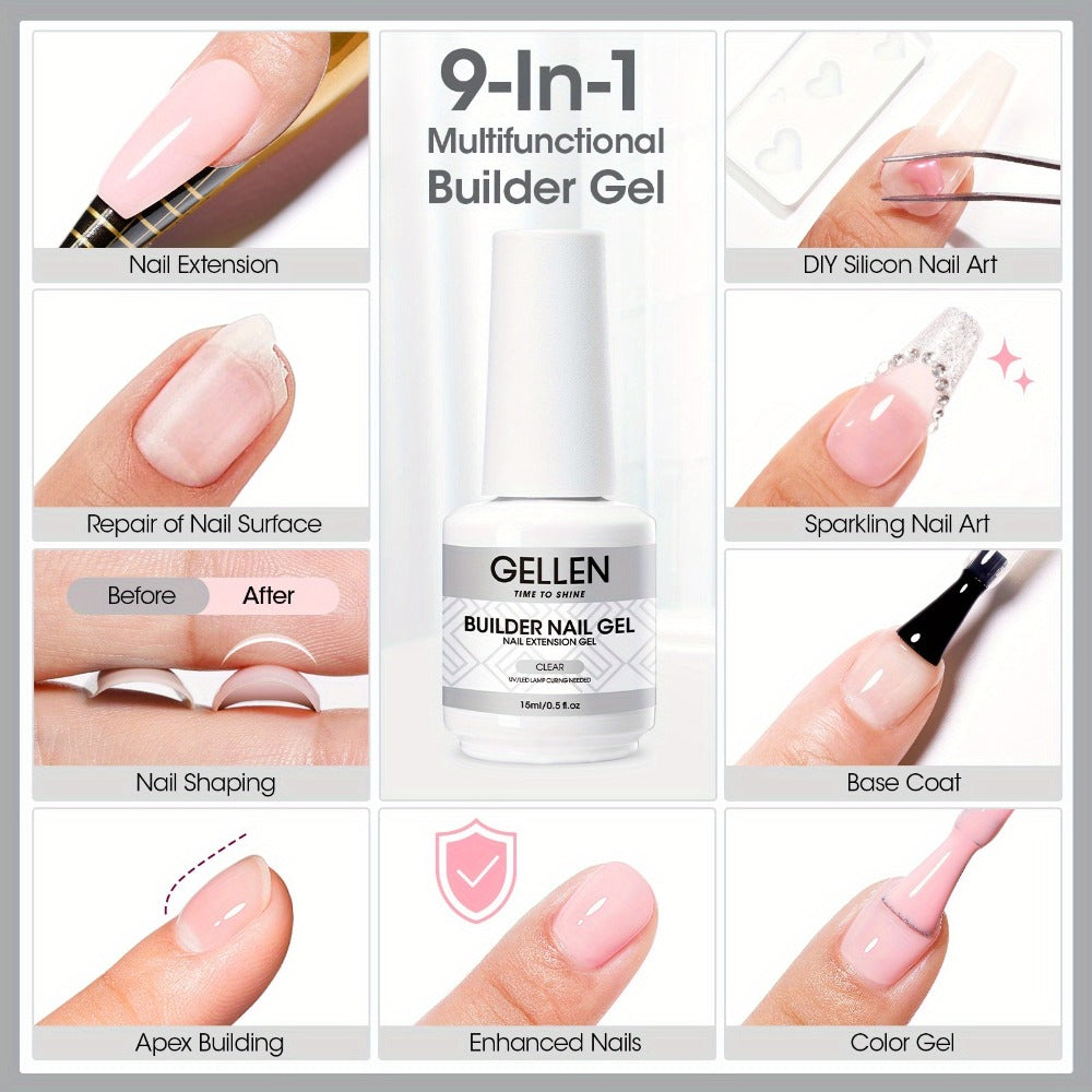 Hard Gel Nail Extension Builder Gel 7-in-1 Self-Leveling – 28+ Day Wear, LED UV Cured, 15ml, Clear Pink Nude Baby Pink Milky White, Acrylic Alternative for DIY Salon Manicure Women Nail Technicians