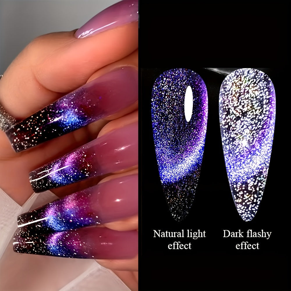 Magnetic Cat Eye Gel Nail Polish 9D Holographic Rainbow Glitter Blue & Purple — LED UV Soak-Off Gel Polish Paraben-Free Water-Based Formula, Salon & DIY Home Manicure Nail Art Gift for Women (0.34oz / 10ml)
