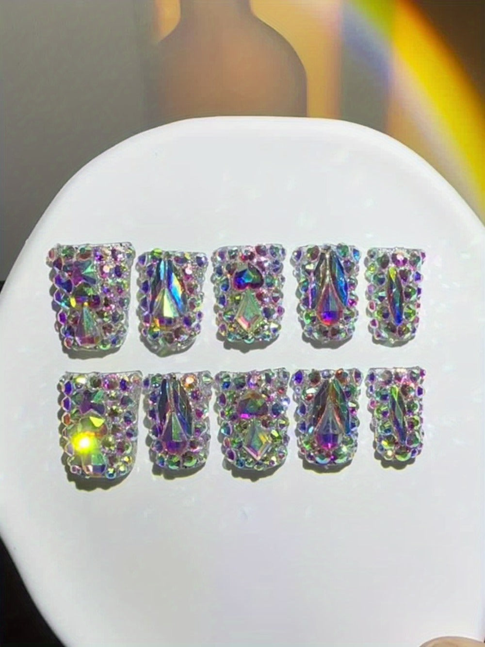 Short Duckbill Press On Nails 10pcs Handmade AB Crystal Colorful Diamond Glossy – Reusable Non-Toxic Salon Quality Spring Summer Nail Art Set with Gel Adhesive Tabs S M L for Women