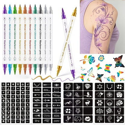 Double-Ended Tattoo Pen Set 10 Pcs with 114 Templates & Butterfly Stickers — Waterproof Sweat-Resistant DIY Temporary Body Art Kit for Parties, Festivals, Halloween & Gifts