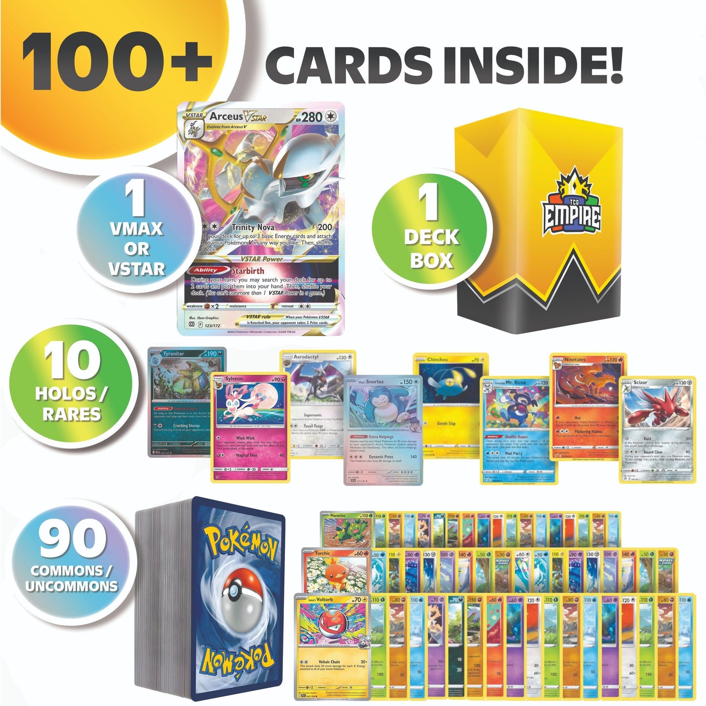 Pokemon VMAX VSTAR Bundle 100 Cards – 1 Guaranteed VMAX or VSTAR Hit + 10 Holos & Rares | TCG Empire Storage Box Included | Authentic Gift for Kids & Collectors