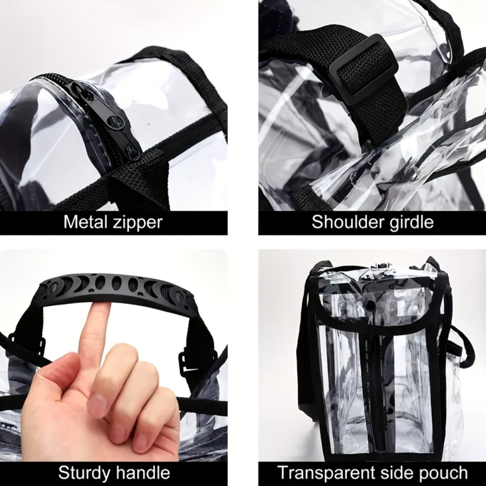 Stadium Approved Clear PVC Tote Bag Extra Large Transparent Shoulder Bag 3 External Pockets Adjustable Straps Waterproof for Men Women Travel Sports Concert Festival