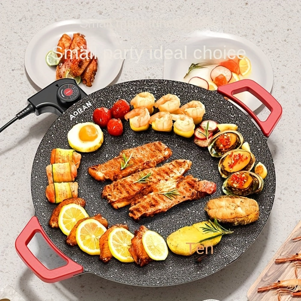 Korean BBQ Grill Pan – Round Non-Stick Multi-Functional Electric Grill Pan with Red Handle & Adjustable Settings, Home & Outdoor BBQ Pot for Family Gatherings, Available in 14.17" & 15.75"