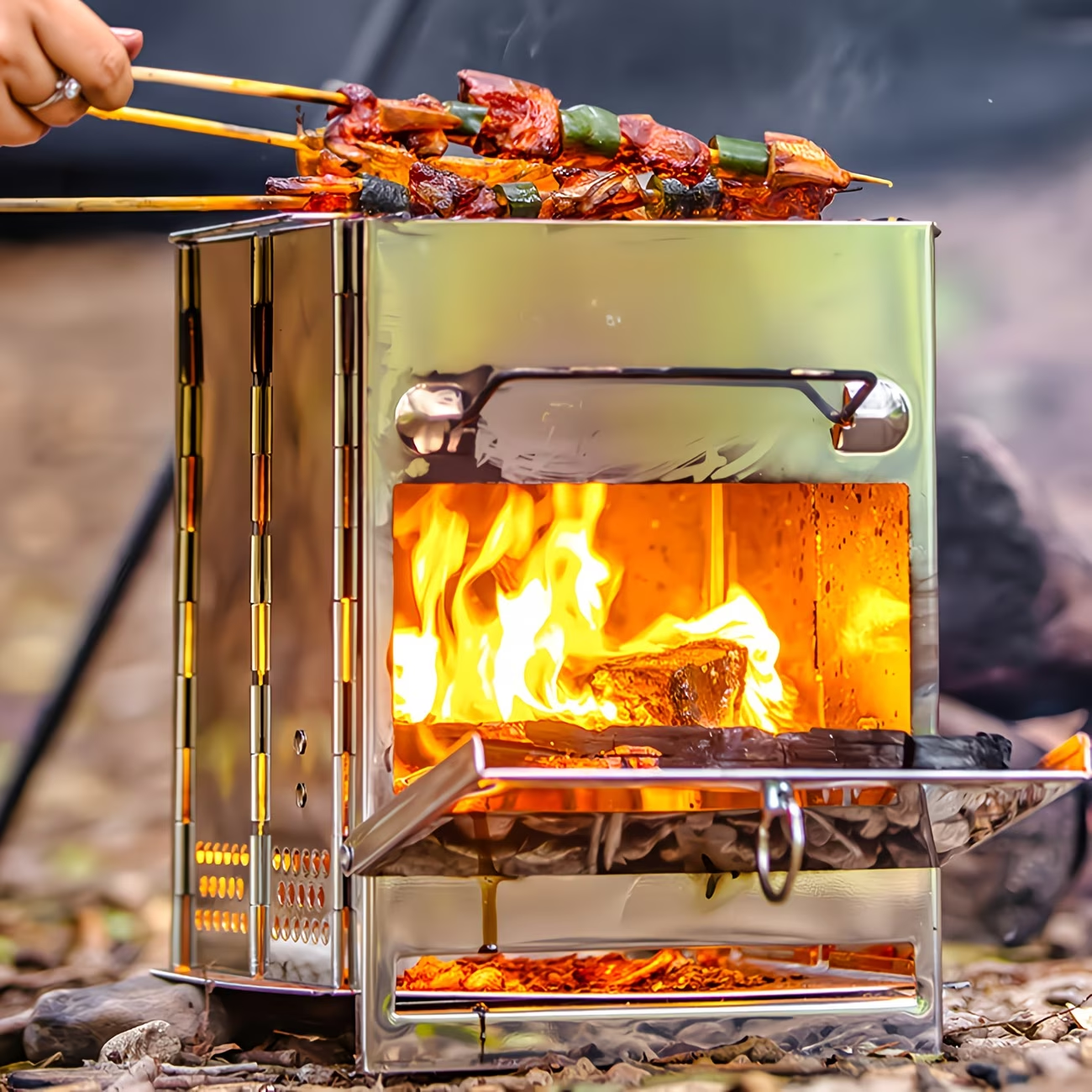 Portable Wood Burning Camp Stove - Stainless Steel Mini Firewood Rocket Stove for Camping, Backpacking & BBQ | Foldable Compact Outdoor Fire Pit Cooker, No Electricity Needed, Lightweight Heat-Resistant Design