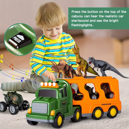 Dinosaur Transport Truck Toy Set with Lights & Sounds – 7-in-1 Dino Carrier with 3 Dinosaur Figures & 3 Monster Cars for Boys Girls Ages 3+, Battery Powered, Birthday Christmas Gift
