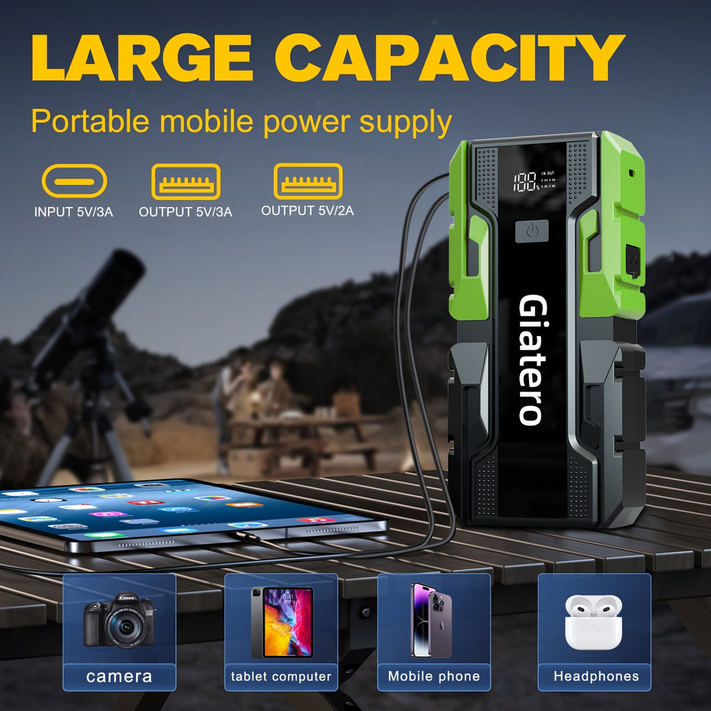 Portable Car Emergency Starter Power Supply, Equipped with an Air Compressor Tire Inflator, Suitable for Up to 3.7gal Gasoline Engines And 3.17gal Diesel Engines, And Specifically Designed for 12V Trucks And Cars As an Emergency Starter Power Supply