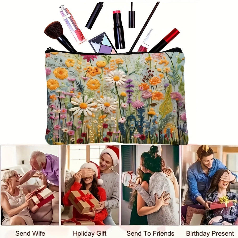 Daisy Floral Makeup Bag 4-Pack Set Foldable Zipper Travel Cosmetic Pouch Durable Toiletry Organizer Gift for Women Girls Sisters Girlfriends Birthday Christmas Holiday