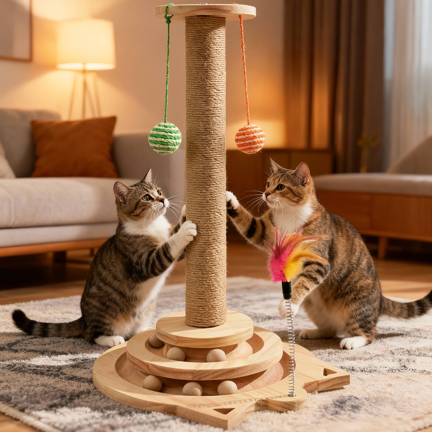 Multi-Level Sisal Cat Scratching Post 4-in-1 with 6 Wooden Balls 2 Hanging Balls & 2 Feather Teaser Toys - Premium Thickened Sisal Anti-Slip Base for Indoor Cats M L XL + Replacement Pillars