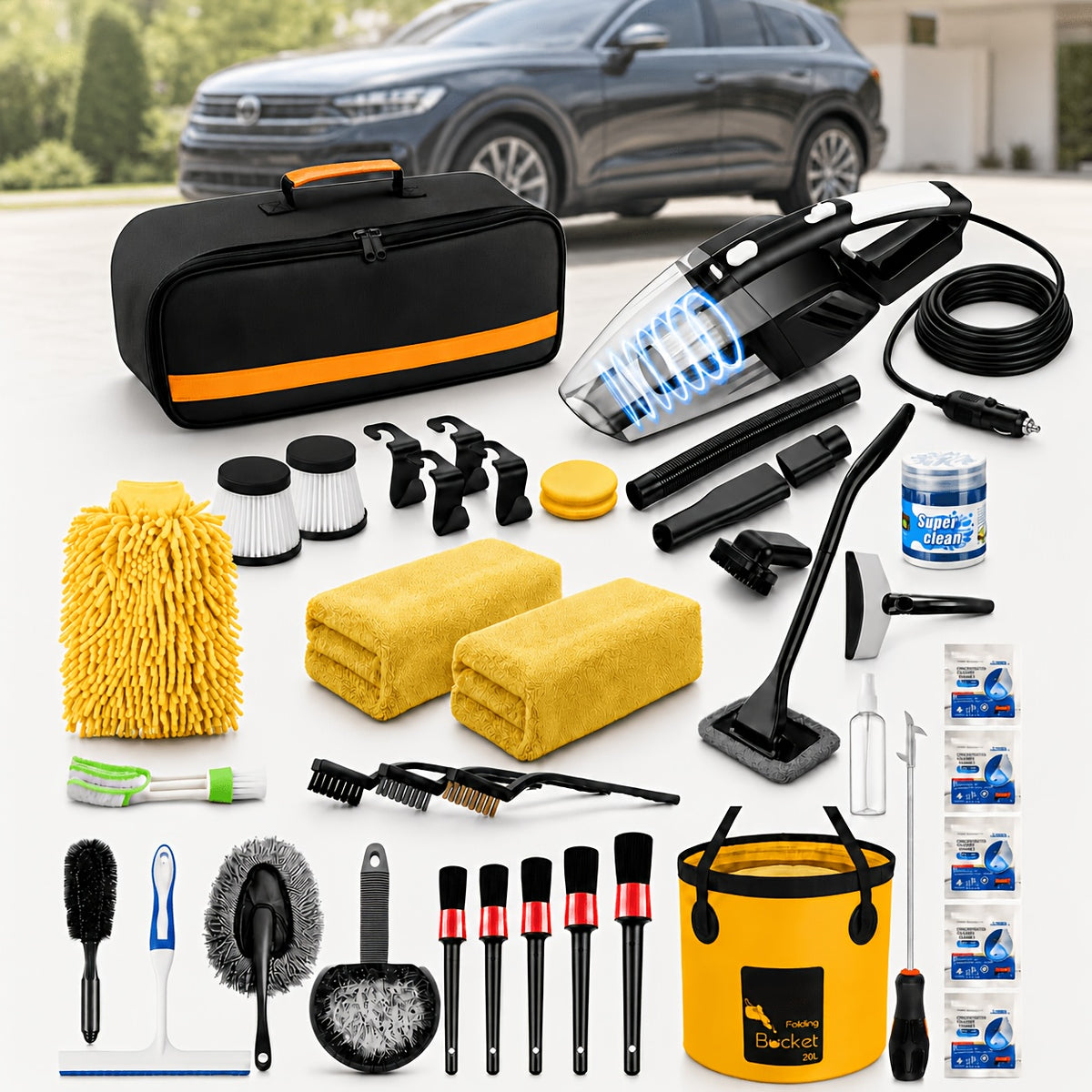 42pcs Car Wash And Detailing Kit with Collapsible Bucket, Windshield Cleaning Tool, Tire Brushes, Microfiber Towels, Wash Mitt, And Carry Bag for Cars, Suvs, And Trucks, Without Battery