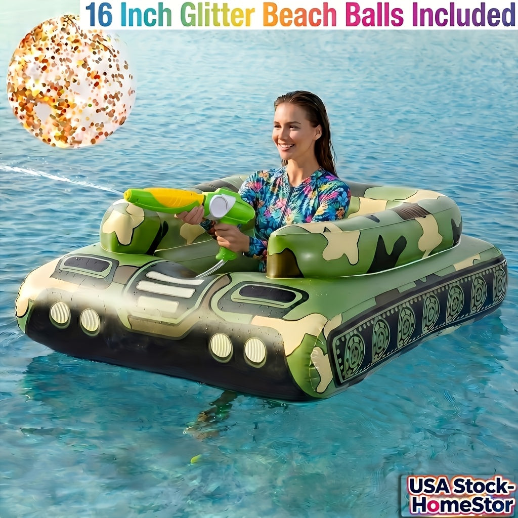 Giant Tugboat Pool Float 60 Inch XL Ride-On Inflatable Raft with Built-In Water Sprayer & 16-Inch Beach Ball – Heavy Duty PVC Float for Adults & Teens, Pool Lake Beach Party, Green
