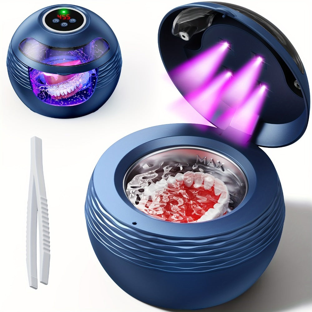 45kHz Ultrasonic Retainer Cleaner Machine with UV Sanitizer Portable Dental Cleaner for Retainers Aligners Dentures Braces Mouth Guard Jewelry 200ml Tank Chemical Free Blue Black White