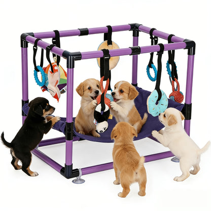Puppy Gym Jungle Playground with Hammock – 8 Hanging Interactive Toys to Keep Puppies Busy & Stimulated