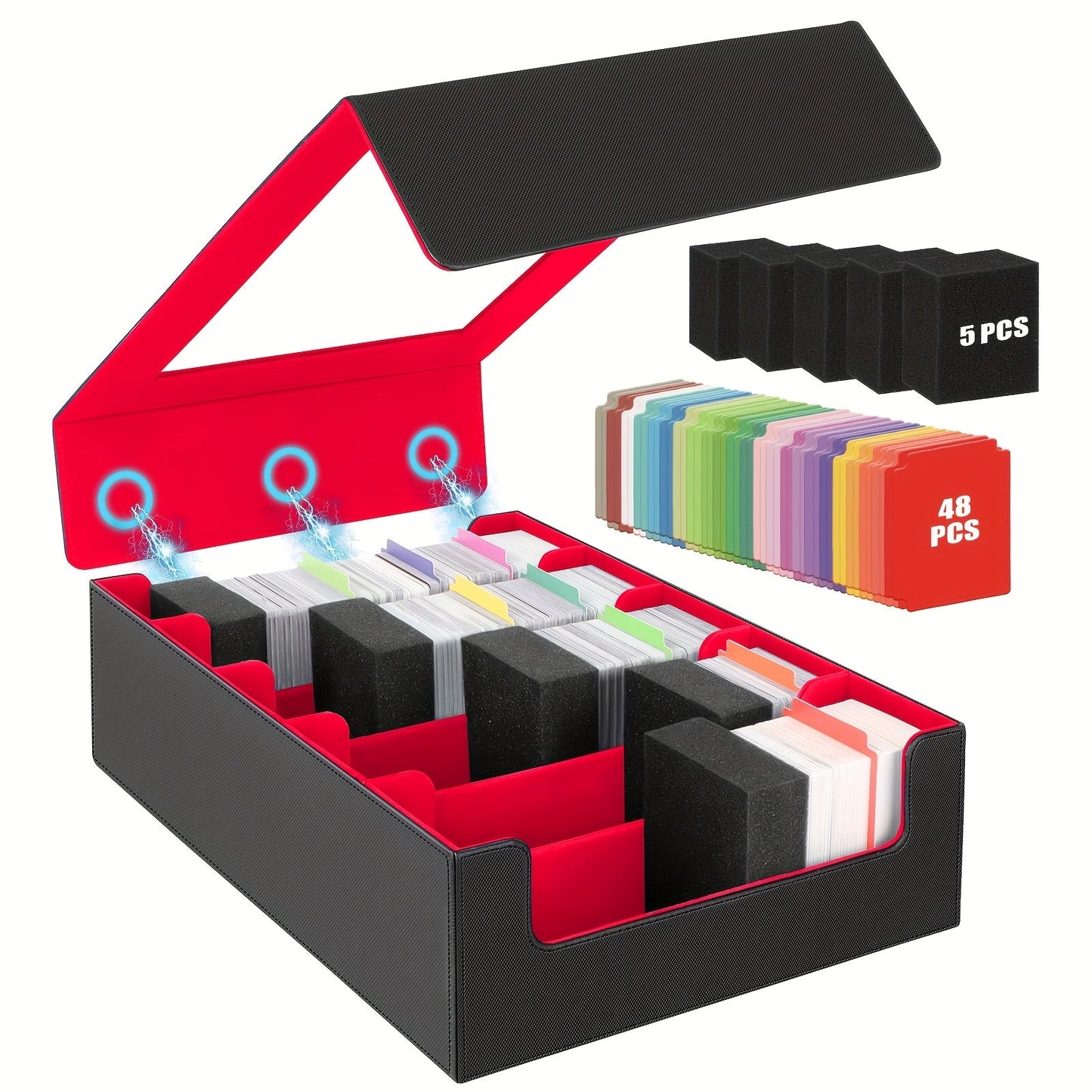 Trading Card Storage Box 5-Row 3900+ Capacity – Card Deck Case with 48 Colorful Dividers & 5 Foam Supporters for MTG Commander Yu-Gi-Oh Pokemon TCG Sports Cards
