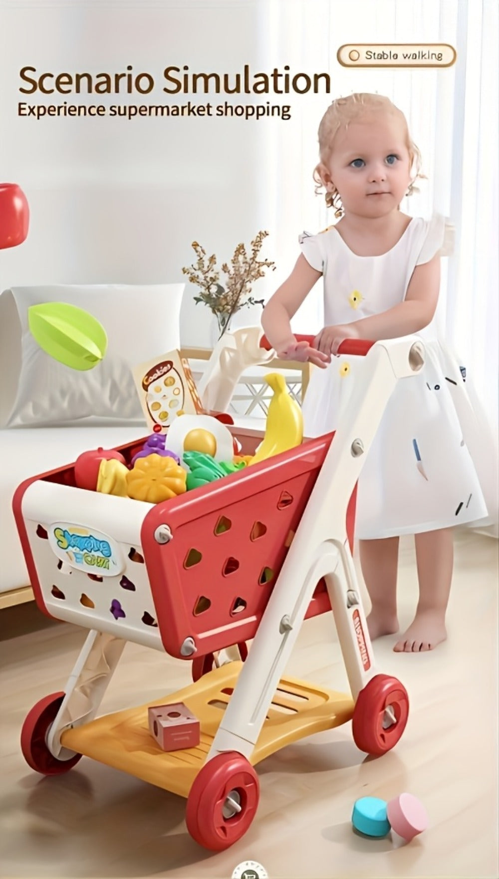 Kids Pretend Play Shopping Cart Toy Set with Realistic Food & Grocery Accessories – Supermarket Role Play for Toddlers Girls Boys Ages 3+, Blue, Birthday Christmas Gift