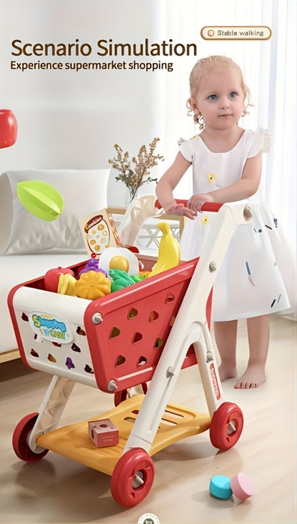 Kids Pretend Play Shopping Cart Toy Set with Realistic Food & Grocery Accessories – Supermarket Role Play for Toddlers Girls Boys Ages 3+, Blue, Birthday Christmas Gift