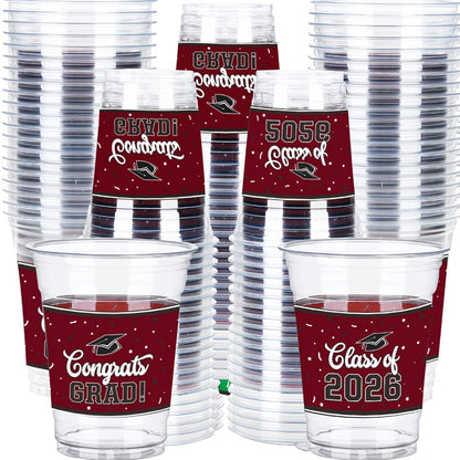 Graduation Plastic Mugs 100 Pack 14oz – 2026 Graduation Party Cups in Black Red Blue Green Purple Maroon for Graduation Ceremony, Reception, Celebration & School Color Party Drinkware Bulk