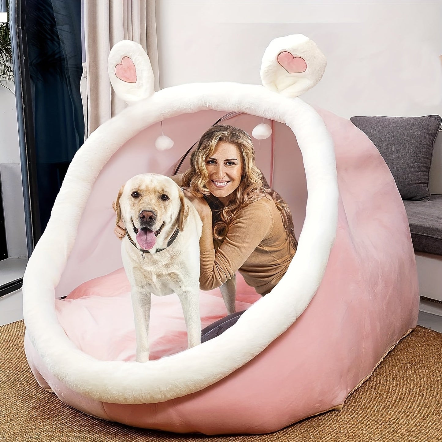 Human Dog Bed 51"x40"x30" Oversized Foldable Plush Washable Large Dog Bed with Super Soft Cushion for People & Pets, Giant Lounger Shared Bed for Large Dogs & Adults, Grey & Pink