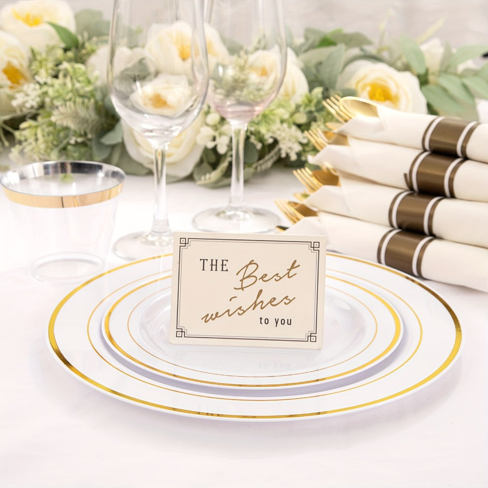 Gold Plastic Plates Disposable Dinnerware Set 350pcs – 50 Dinner Plates, 50 Dessert Plates, 50 Gold Rim 9oz Cups & 50 Gold Cutlery Sets | Elegant Party Tableware for Wedding, Birthday & Holiday Events