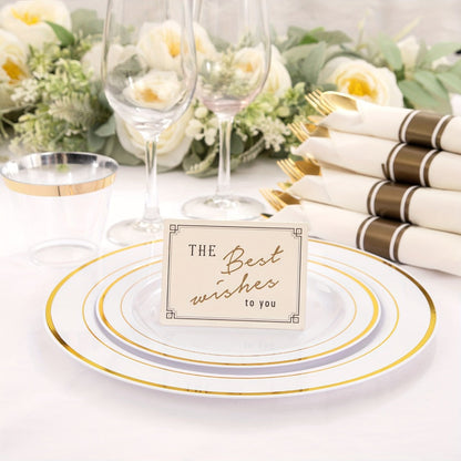 Gold Plastic Plates Disposable Dinnerware Set 350pcs – 50 Dinner Plates, 50 Dessert Plates, 50 Gold Rim 9oz Cups & 50 Gold Cutlery Sets | Elegant Party Tableware for Wedding, Birthday & Holiday Events