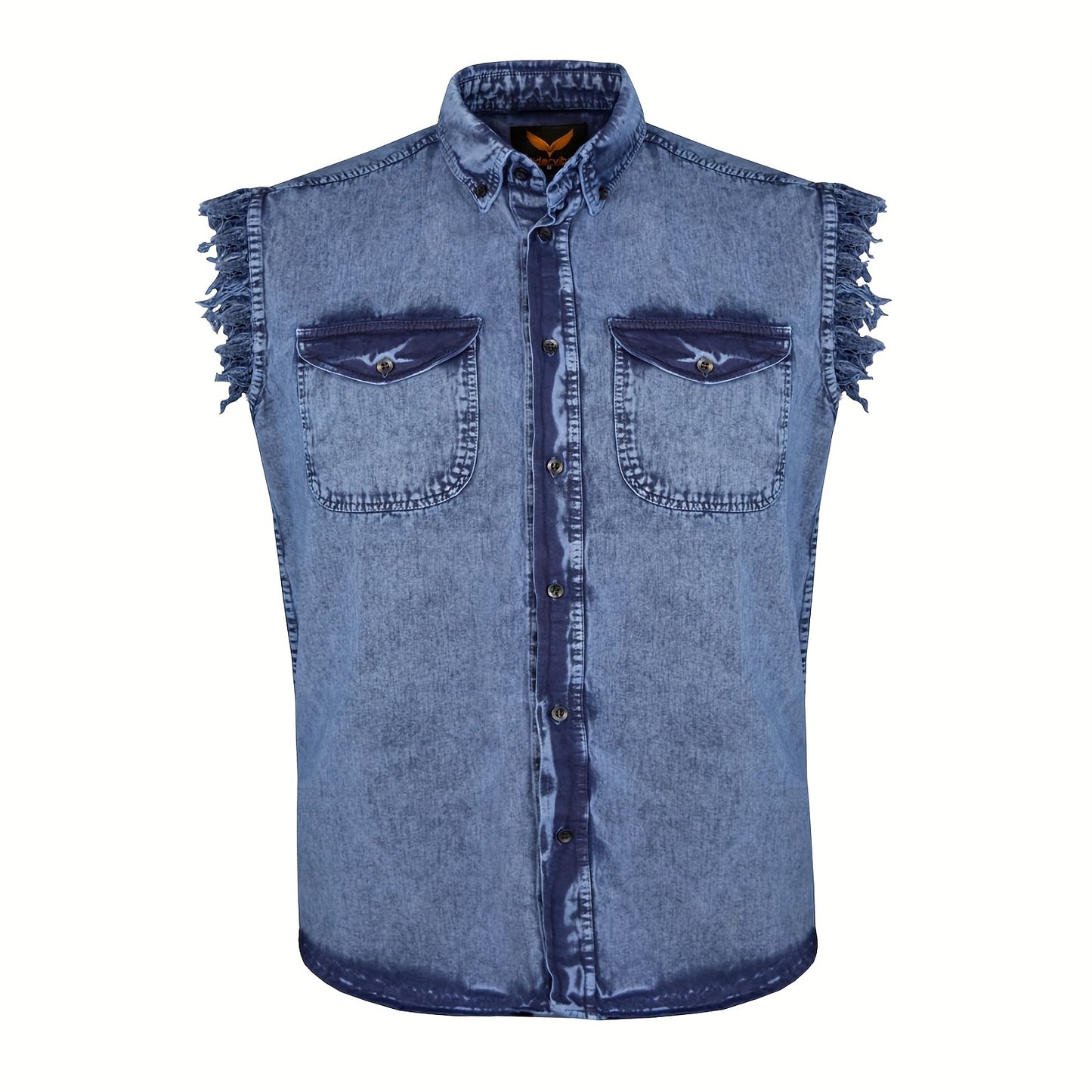 Men's Casual Sleeveless Shirt - All-Season Comfort, Frayed Sleeves, Stonewash Cotton Shirt, Single-Breasted Button-Up with Fringe Hem, Regular Fit for Streetwear, Beach & Vacation, Beach Attire, Streetstyle Apparel, Stretch Fabric