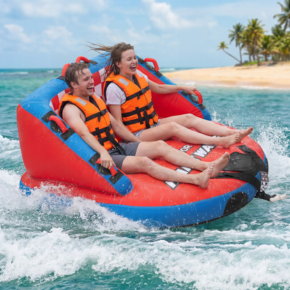 Towable Tube for Boating 2-Person – 340 lbs Inflatable D-Shape Boat Tube with Full Nylon Cover, Dual Tow Points, 10 Padded Handles & 2 Boarding Straps for Lake & River Water Sports