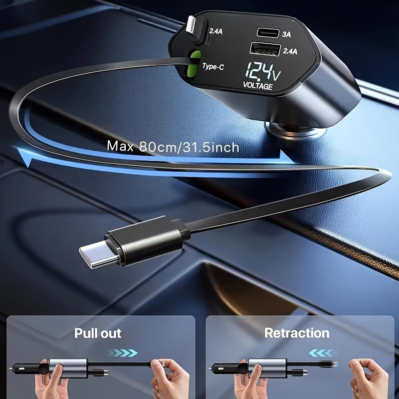 Retractable Car Charger 4in 1 Fast Car Phone Charger, Type C/IOS Car Charger Adapter with 2X Retractable Phone Charger Cables And 2X USB Ports for iPhone 15/14/13/12 Max, Samsung S24/S23, Google Smartphon