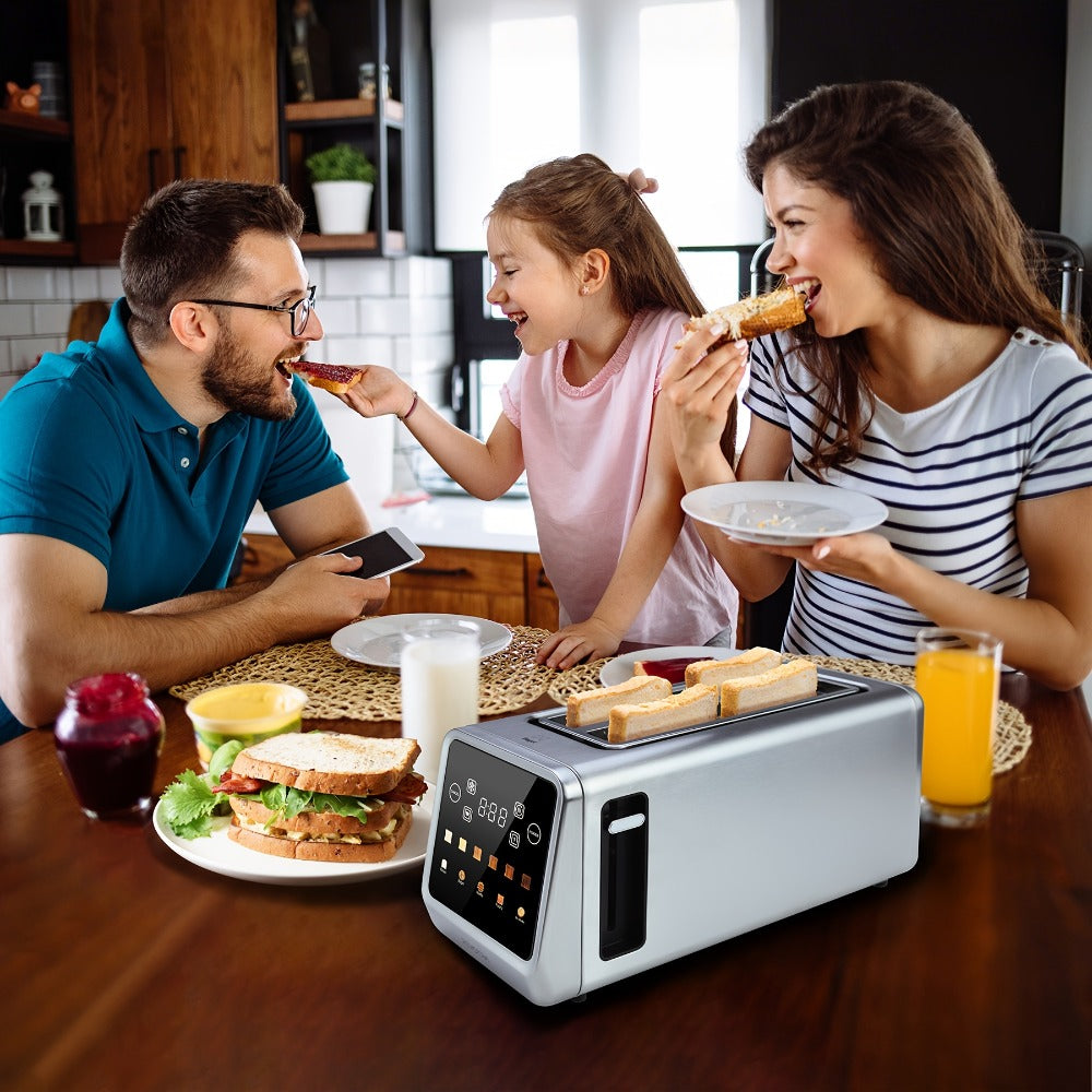 4-Slice Toaster Long Slot Stainless Steel – Touch Screen LED Display, 1.5" Wide Slots, Countdown Timer, Memory Function, Dual Control, 6 Shade Settings