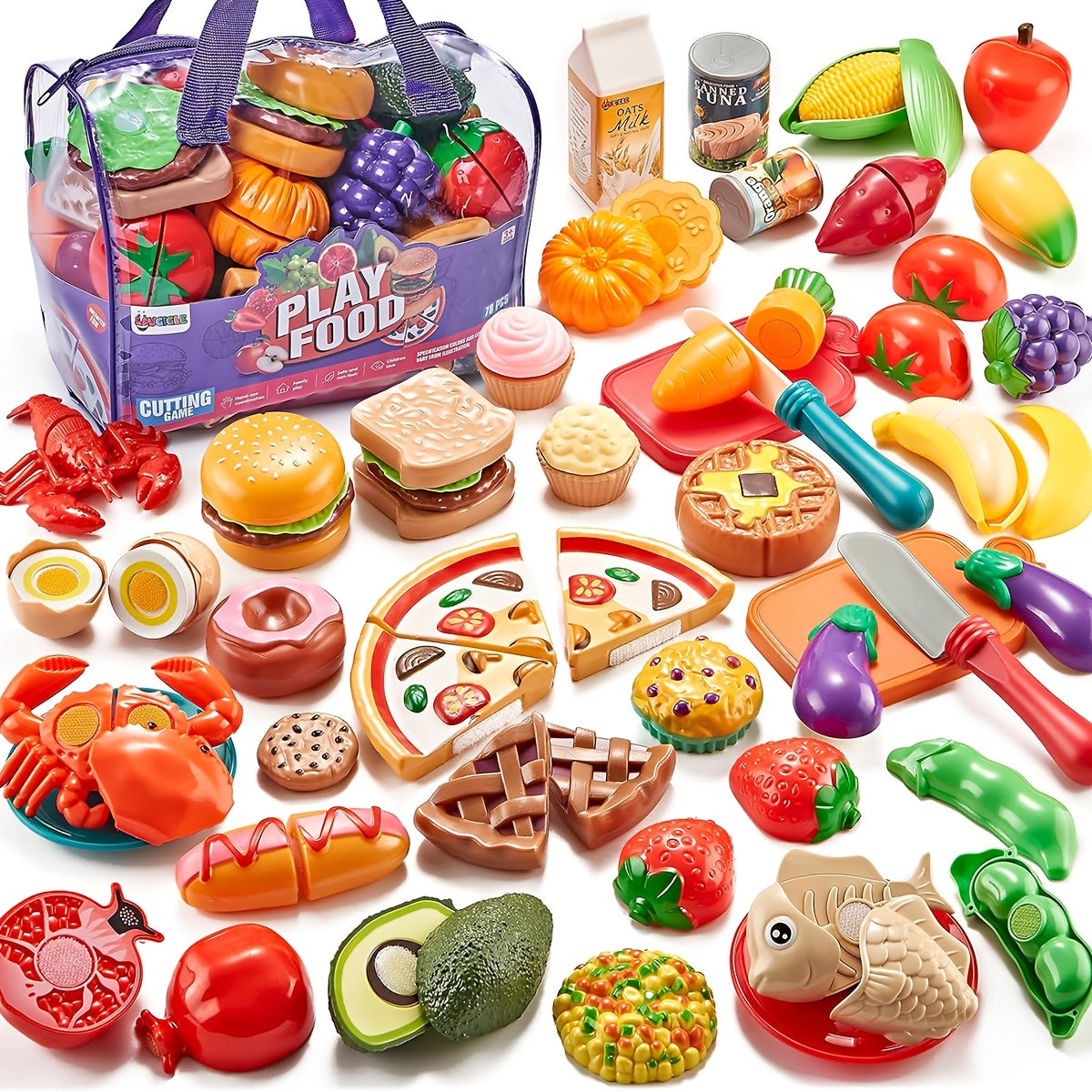 78 Pcs Kids Kitchen Toy Set with Storage Bag - Pretend Play Dinnerware, Fake Fruits & Vegetables, Plastic Accessories, Educational Role Play Gift for Boys Girls Ages 3+