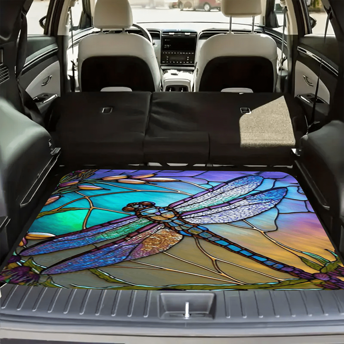 Anti-Slip Rubber Cargo Liner for SUV & Sedan - Dragonfly Floral Design Trunk Floor Mat | Heat Resistant Non-Slip Car Cargo Pad