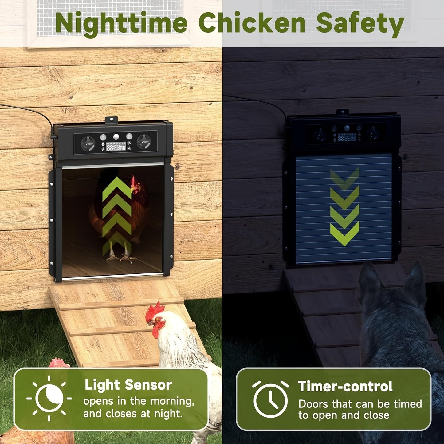 Automatic Chicken Coop Door Solar Powered – KA-200 Aluminum Alloy Auto Door with Timer, Light Sensor, Anti-Pinch Safety, Remote Control & Solar Panel Included – Poultry Coop Management