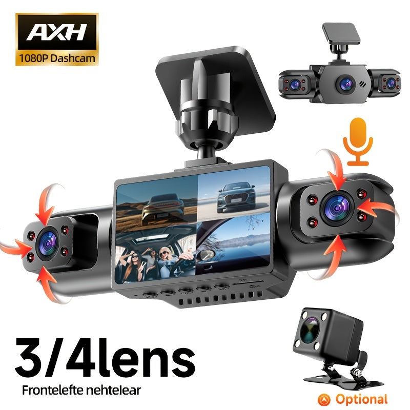 AXH 360° Panoramic 3/4-Lens Quad Dash Cam with Dual Front and Rear 1080P Cameras, Suitable for Cars, 4-Channel (Front/Rear/Left/Right), with 3.16-inch IPS Display, Night Vision, Loop Recording, 24-Hour Parking Monitoring, G-Sensor/Motion Detection
