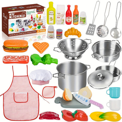 Kids Kitchen Playset 37pcs – Stainless Steel Play Pots & Pans Set with Apron, Chef Hat, Cooking Utensils & Play Food | Pretend Play Kitchen Toy, Birthday & Christmas Gift for Boys & Girls Ages 3+