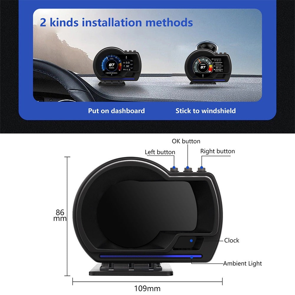 Car HUD Head-Up Display – OBD2 & GPS Dual System Digital Speedometer, Speed / Water Temp / Voltage / RPM Display, Universal Heads-Up Display for Most Vehicles