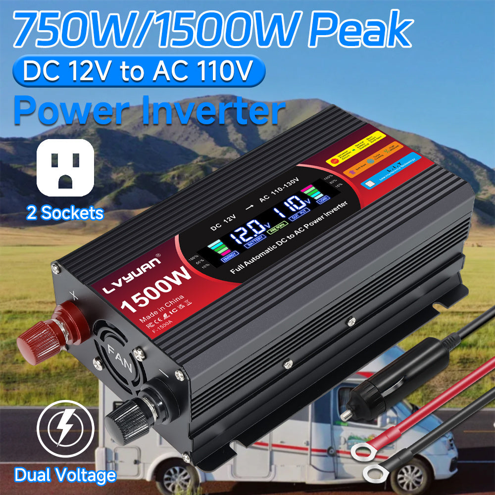 1500W (Peak) Car Power Inverter DC 12V to 110V/120V AC Converter with LCD Display Dual AC Outlets and Dual USB Car Charger for Car Home Laptop Truck Red.