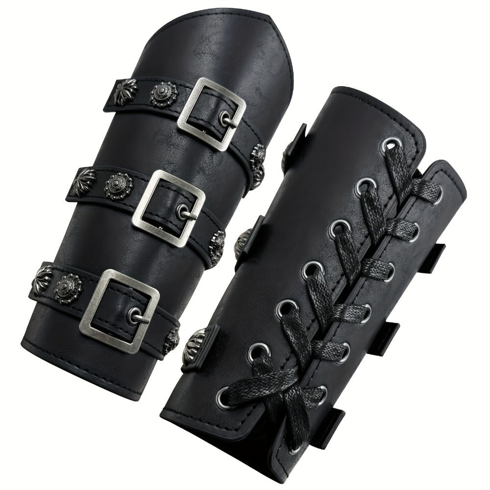 Viking Medieval Leather Arm Guards Bracers – PU Leather Knight Gauntlets Adjustable Metal Buckles Rivets for Men Women Halloween Cosplay LARP Renaissance Fair Stage Costume Dark Brown Khaki Black